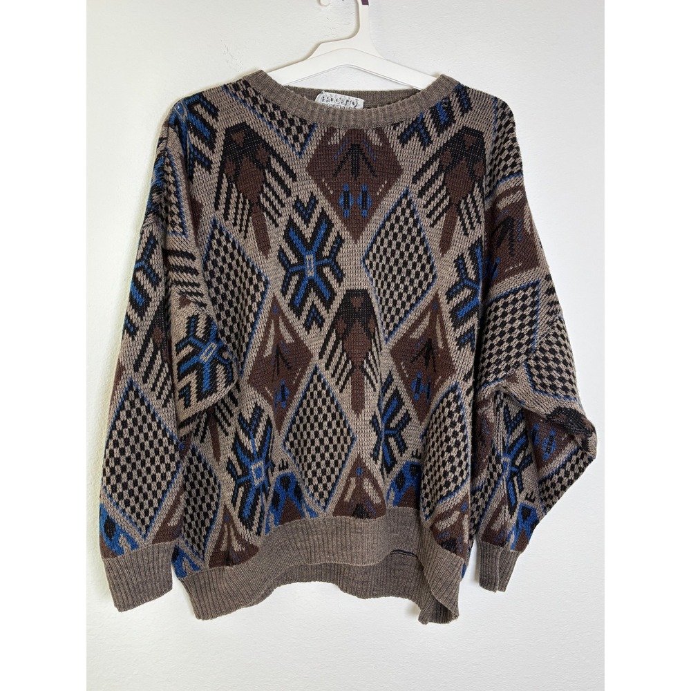 Progetto Made in Italy Vintage Geometric Intarsia Knit Sweater Brown Blue Mens L